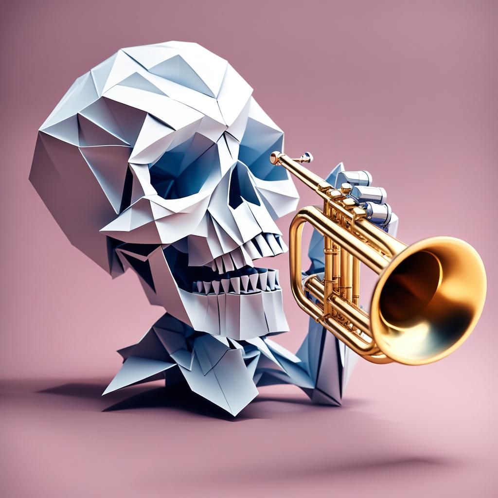 Origami Skull Plays Trumpet in Papercraft Style