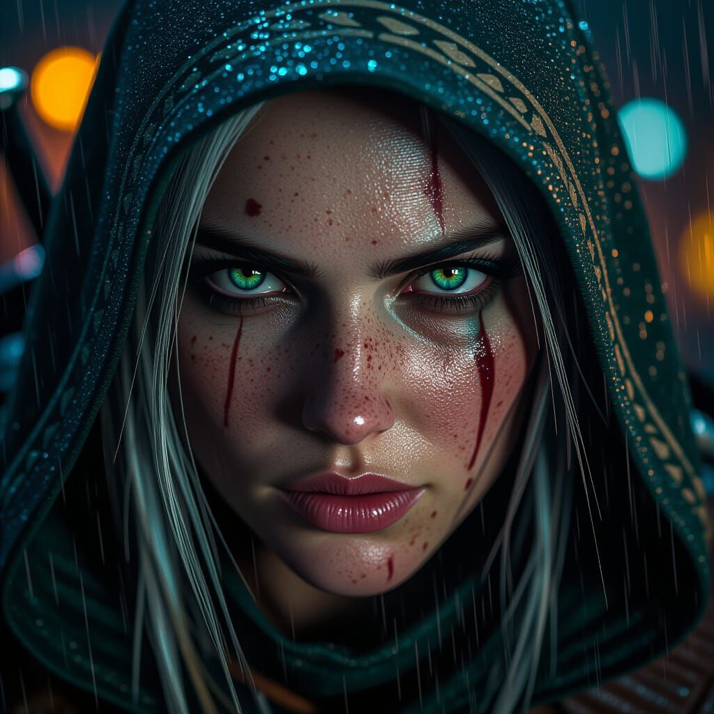 Intense Witcher Face Close-up in Hyperrealistic Style