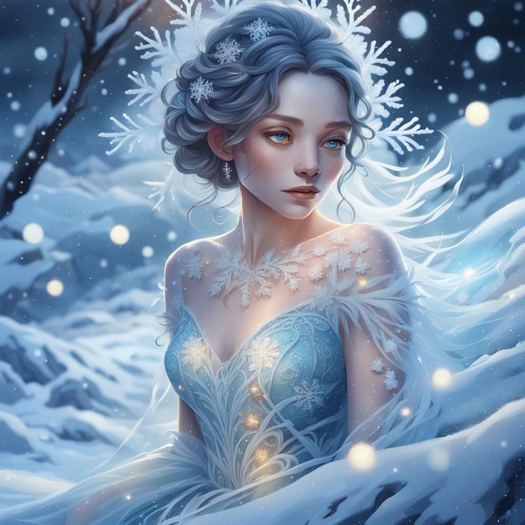 Ethereal Woman in Snowflake Gown Concept Art