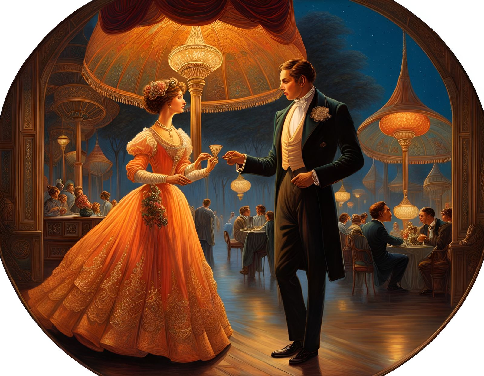 Elegant Couple Leaving Restaurant: Retro Digital Art