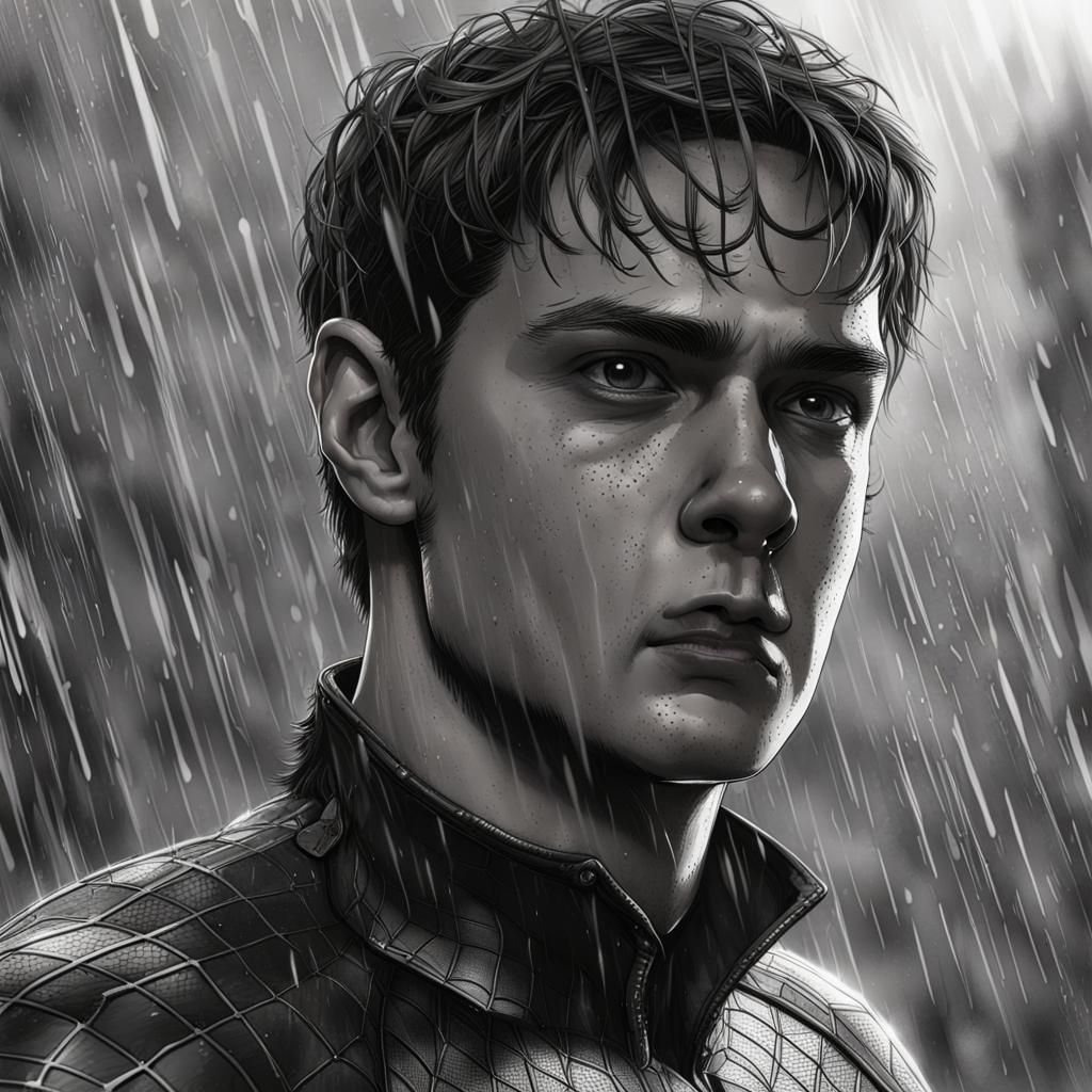 Spider-Man in Rain: Detailed Pencil Drawing