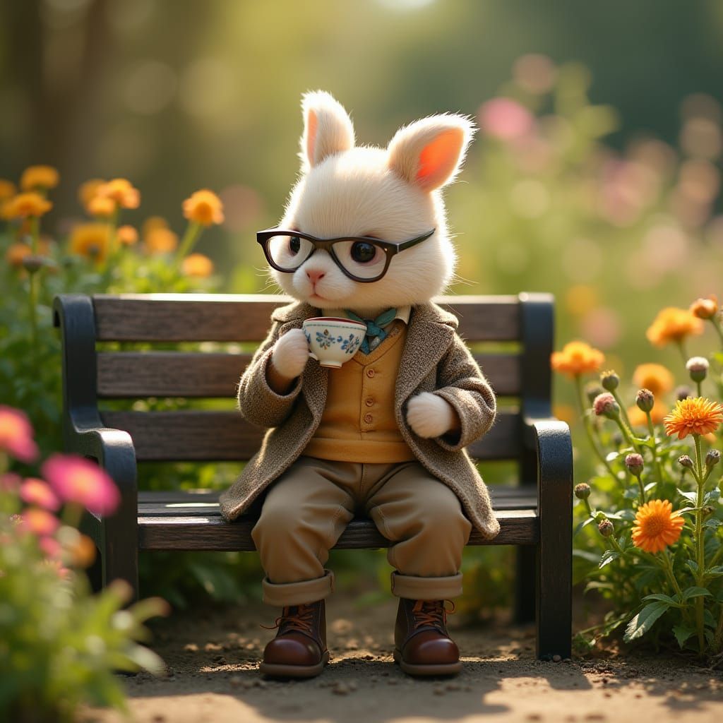 Sylvanian Gentleman Sips Tea on a Vintage Bench