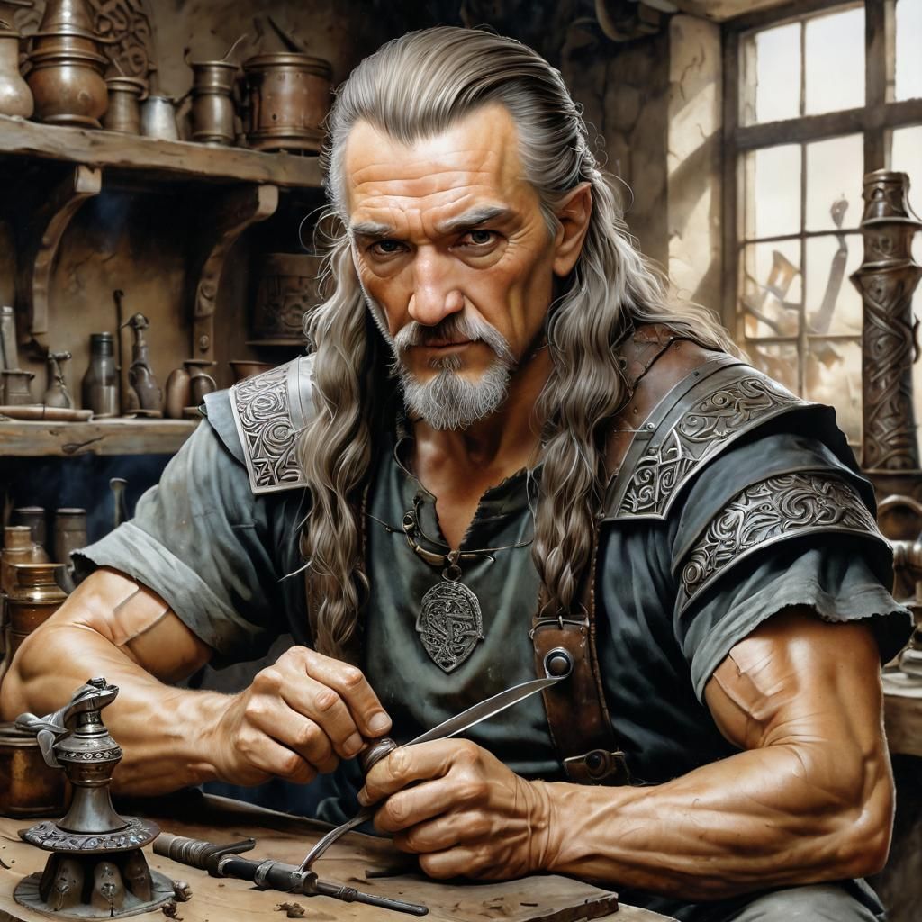 Metalsmith Portrait with Celtic Knotwork in Watercolor