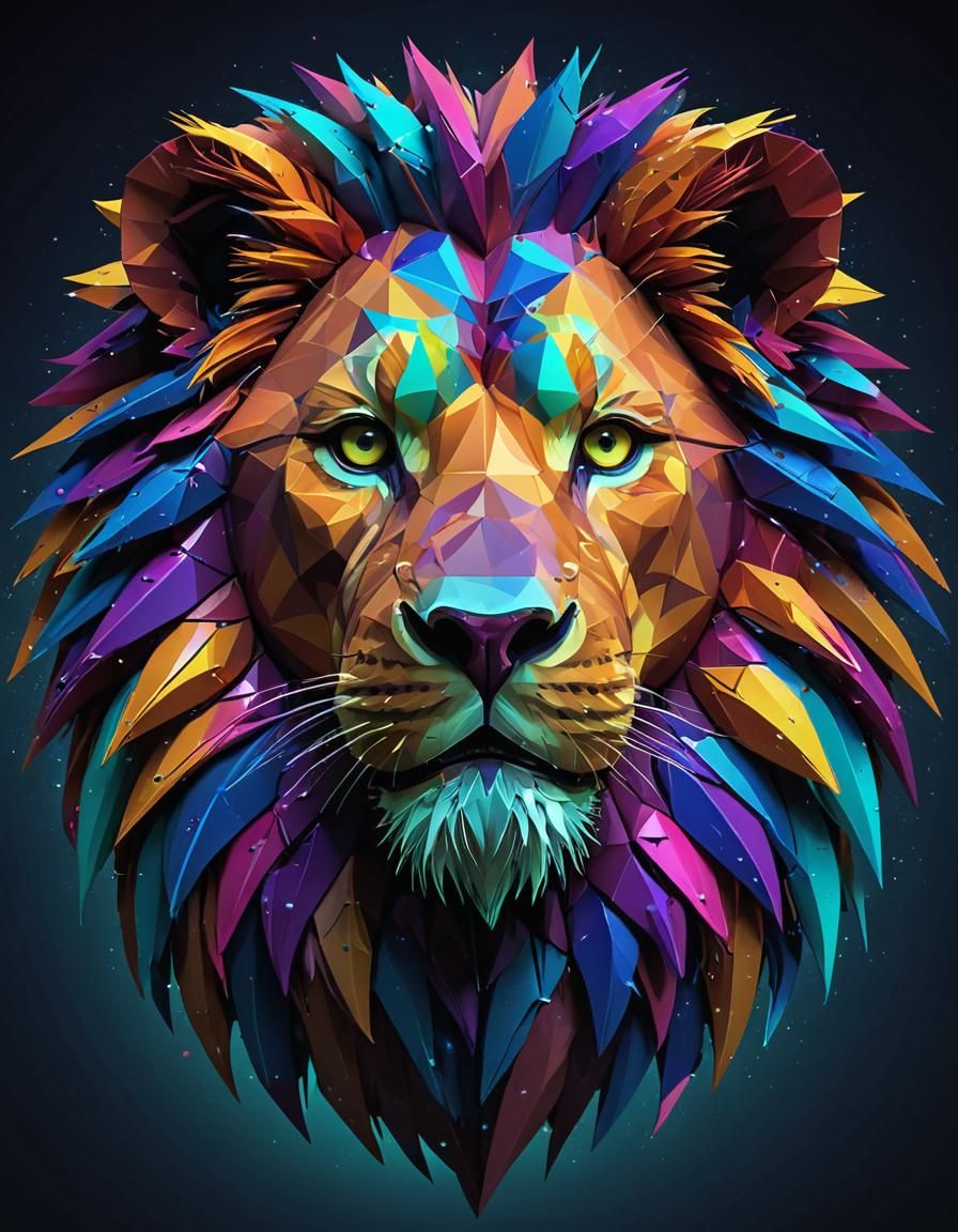 Neon Low Poly Lion Head Digital Artwork