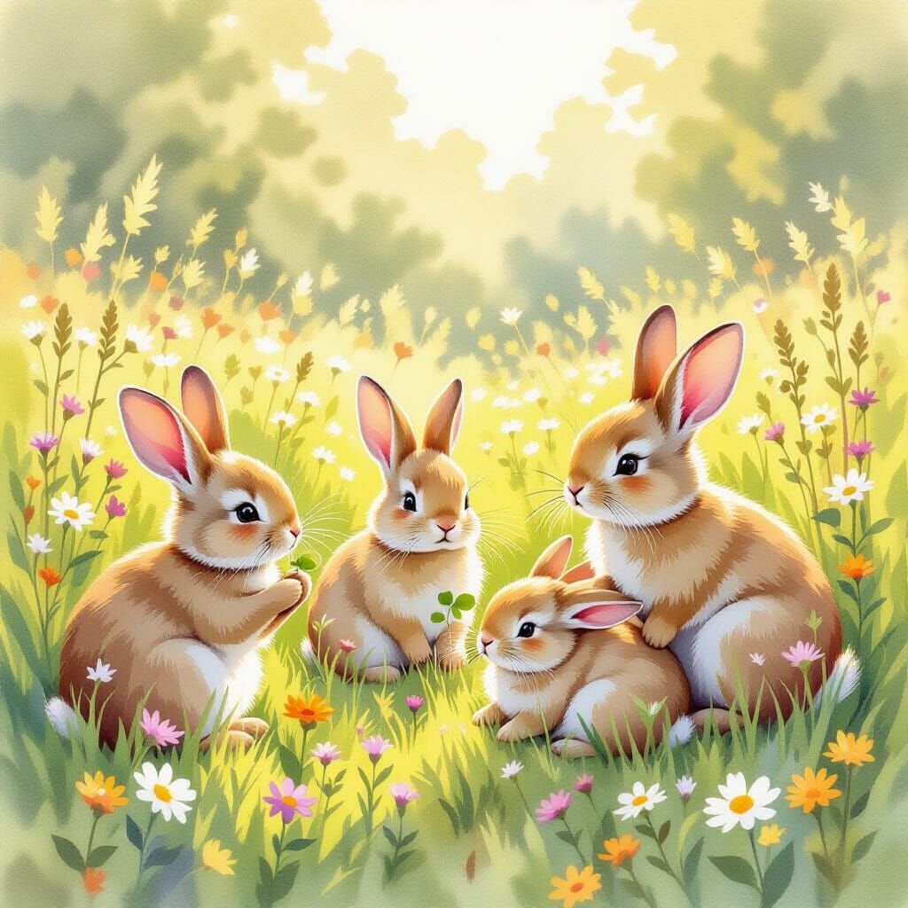 Fluffy Rabbits in a Sun-Dappled Meadow