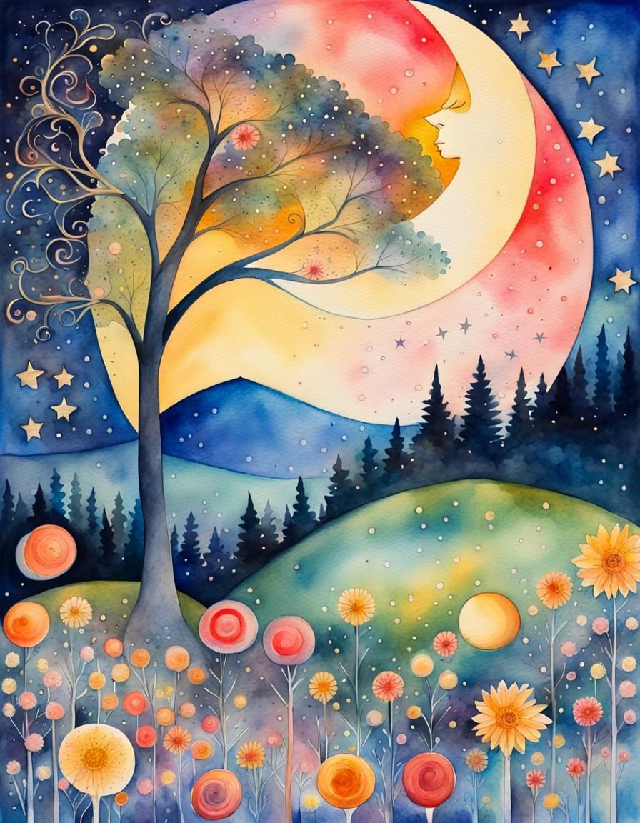 Ethereal Night Garden Watercolor Landscape