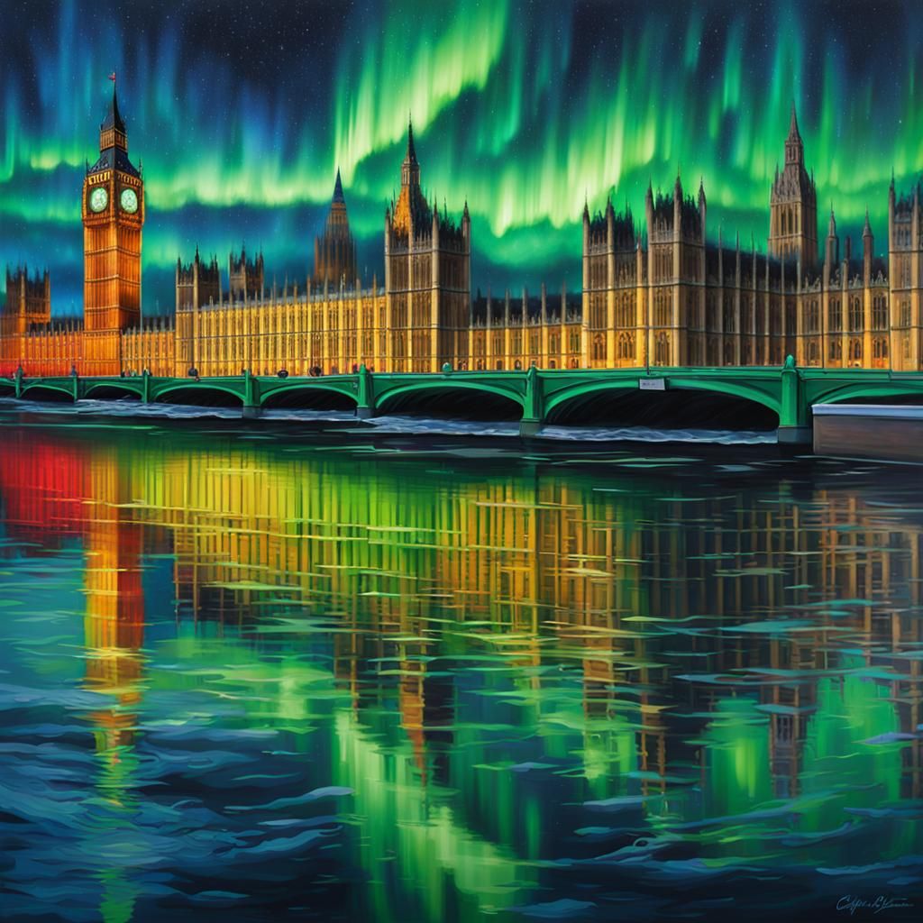 Northern Lights Reflecting on Thames: Detailed Painting