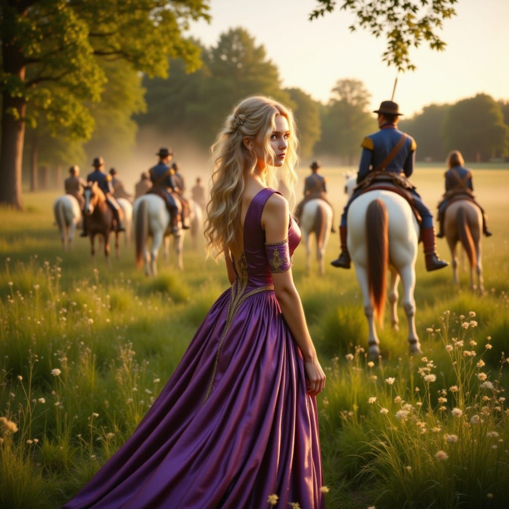 Baroque Portrait of Anne de Breuil in Golden Hour Meadow