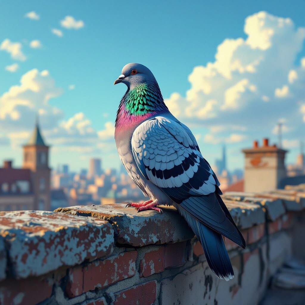 Iridescent Pigeon on Rooftop in Golden Light