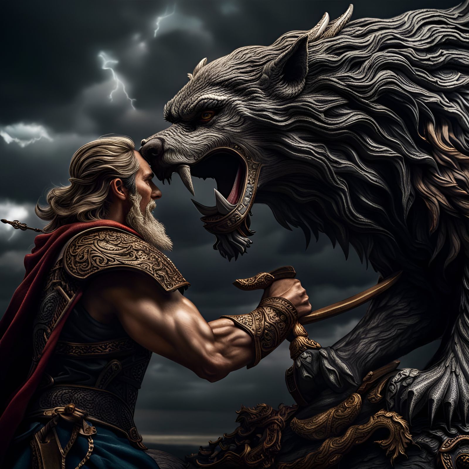 Odin's Fierce Battle Against Fenrir: Hyperrealistic Detail