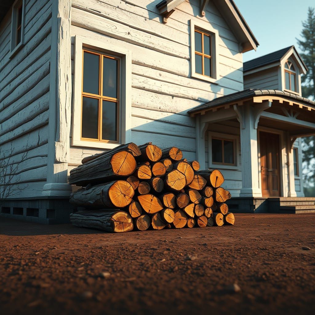Fantastical Stack of Firewood Against a Majestic White House