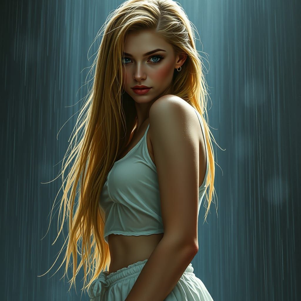 Blonde Woman in Rain, Gothic Art Style