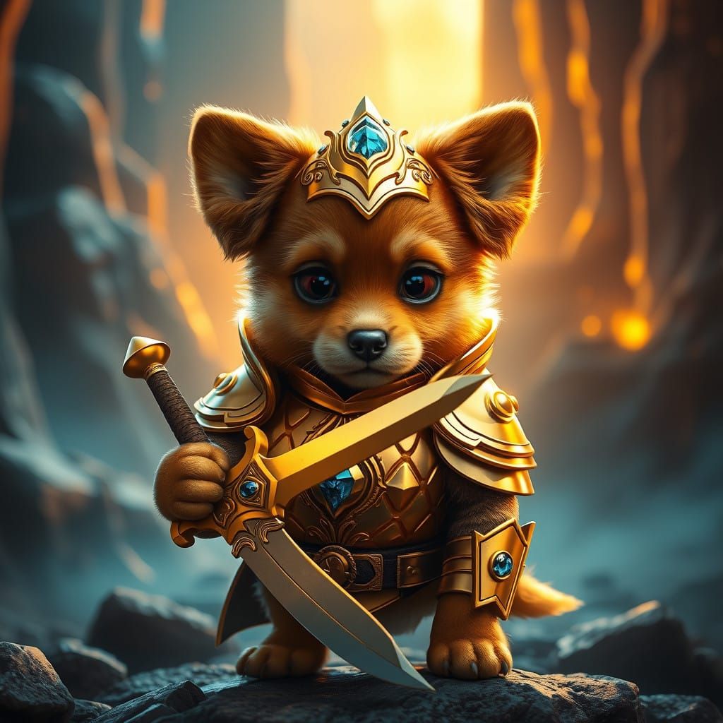 A Brave Puppy Wears Golden Armor and Clutches a Miniature Sw...