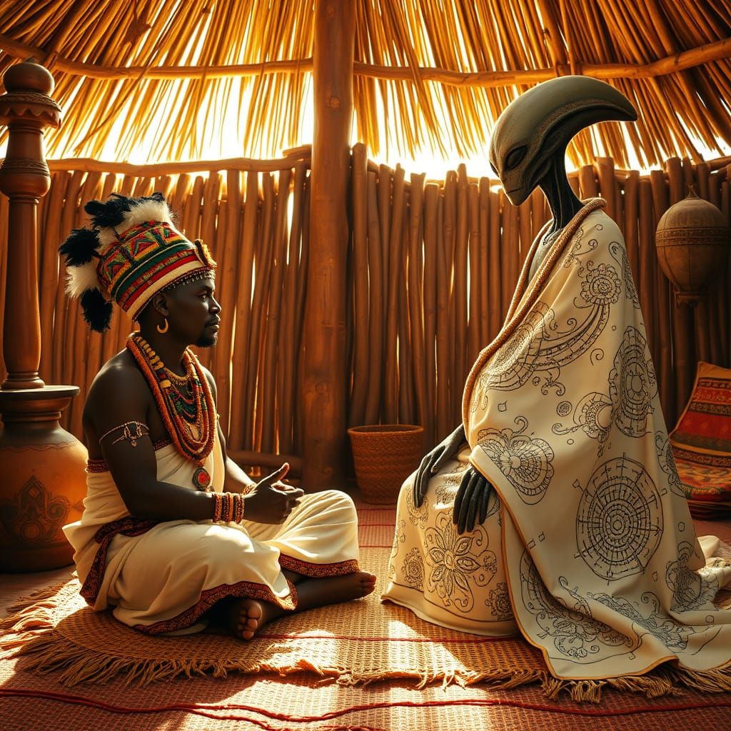 Dogon Chief Engages Alien in Mystical Hut Dialogue