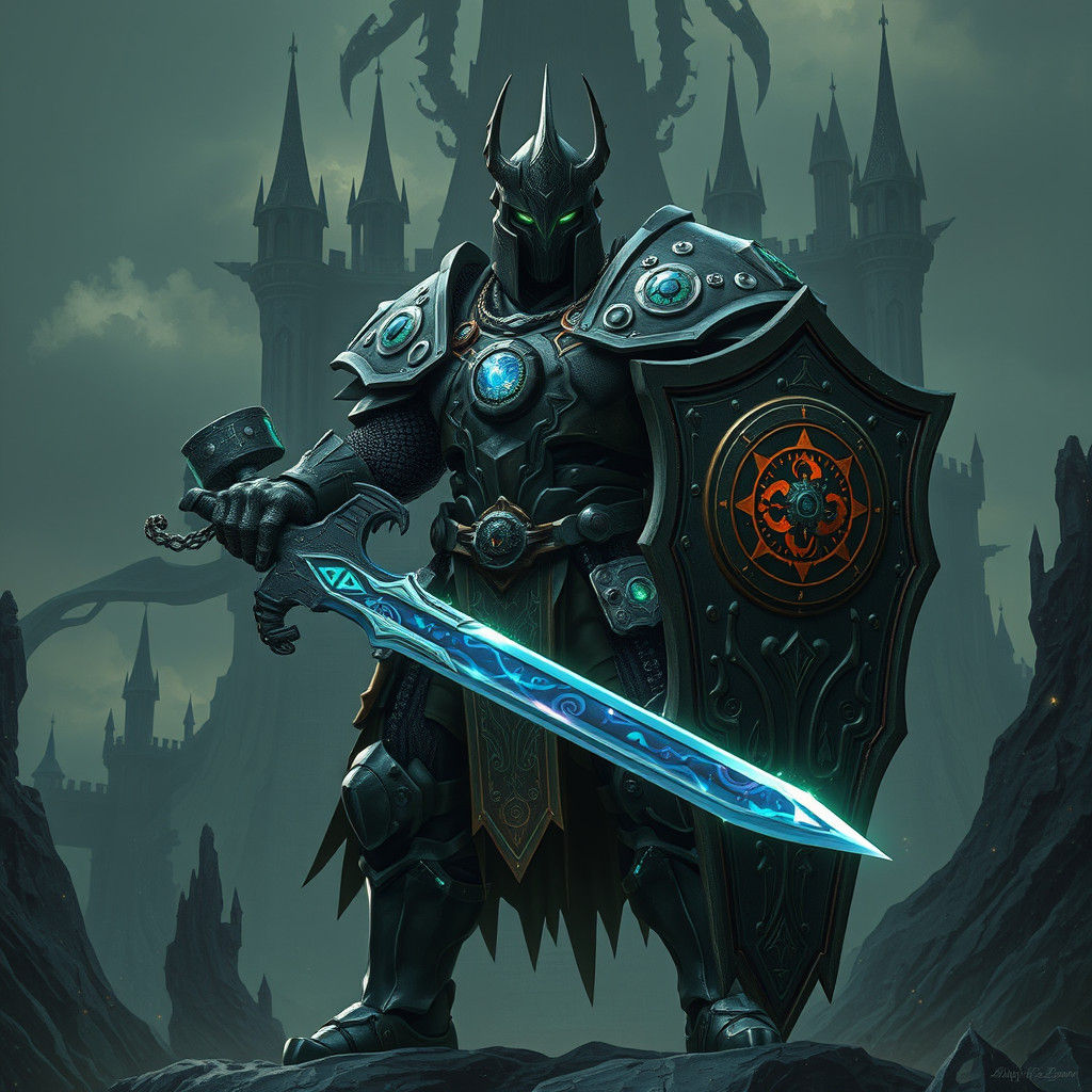 Steampunk Knight with Glowing Runes and Obsidian Fortress