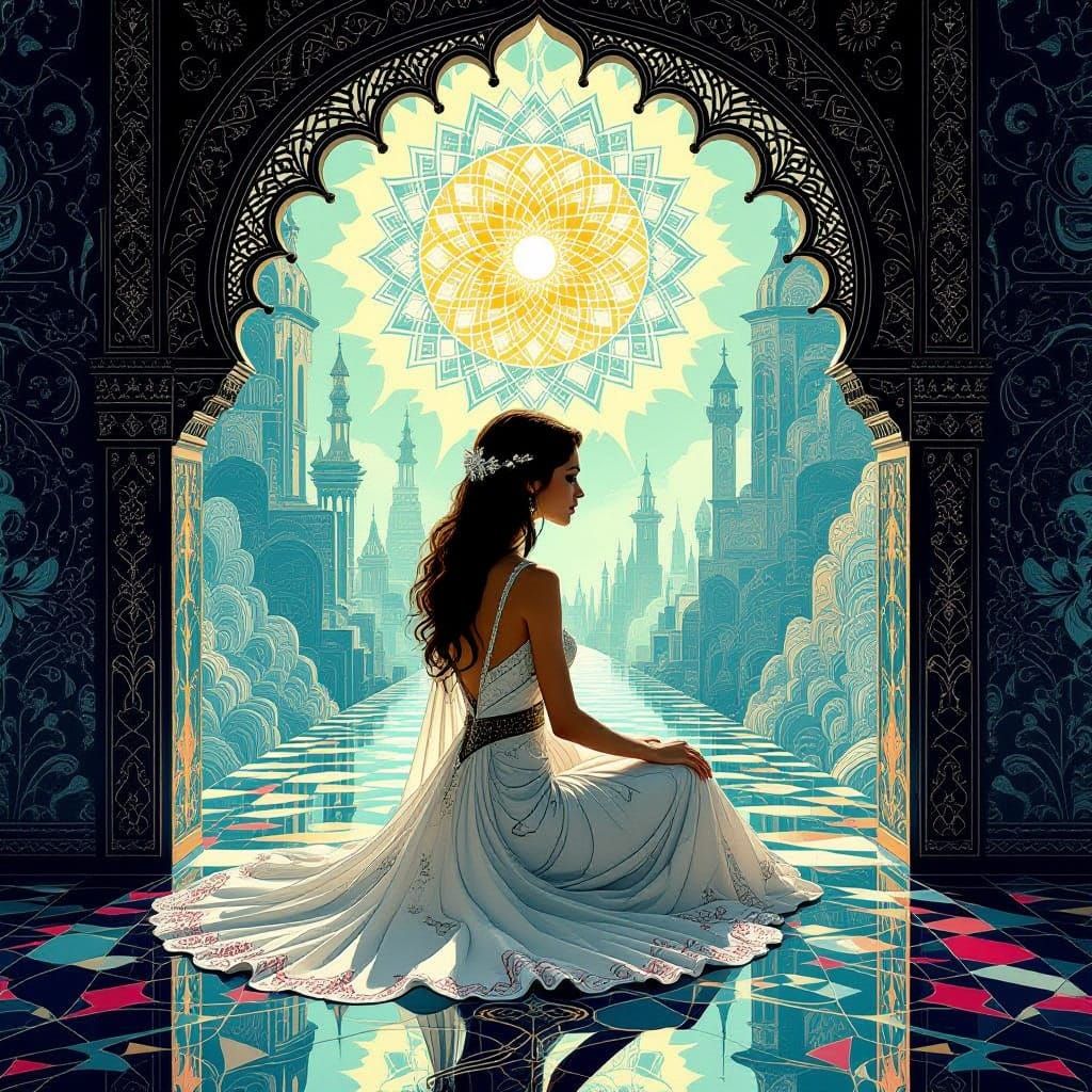 Ethereal Woman in Whimsical, Zentangle-Embroidered Dreamscap...