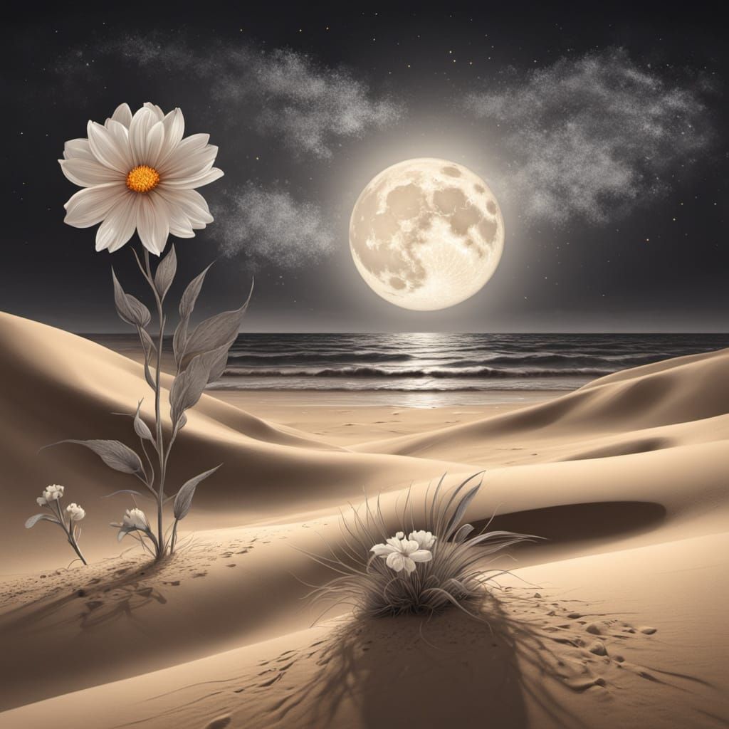 Moonlit Flower in Charcoal Drawing Style