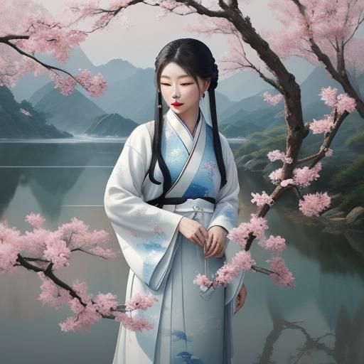 Ethereal Woman in Hanfu by Lake: Chinese Painting