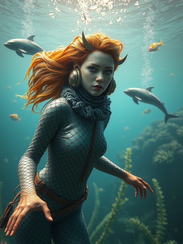 Underwater Woman with Gills in Photorealistic Style