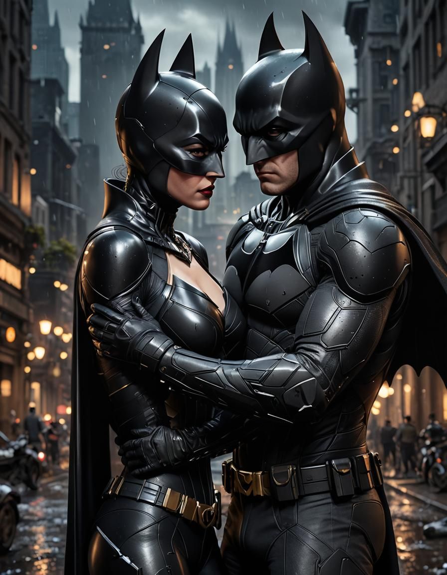 Batman and Catwoman Embrace: 8k Photorealistic Render
