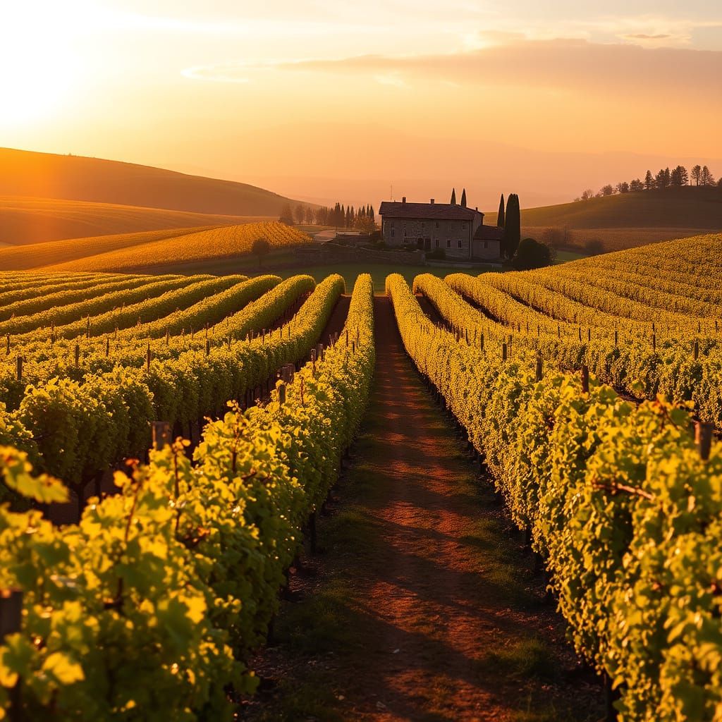 Golden Hour in Tuscany Vineyard Landscape