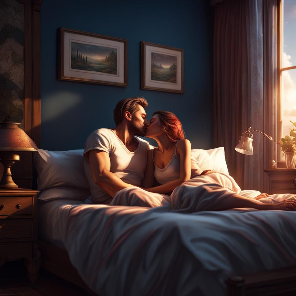 Couple Kissing in Bed: Detailed Matte Painting