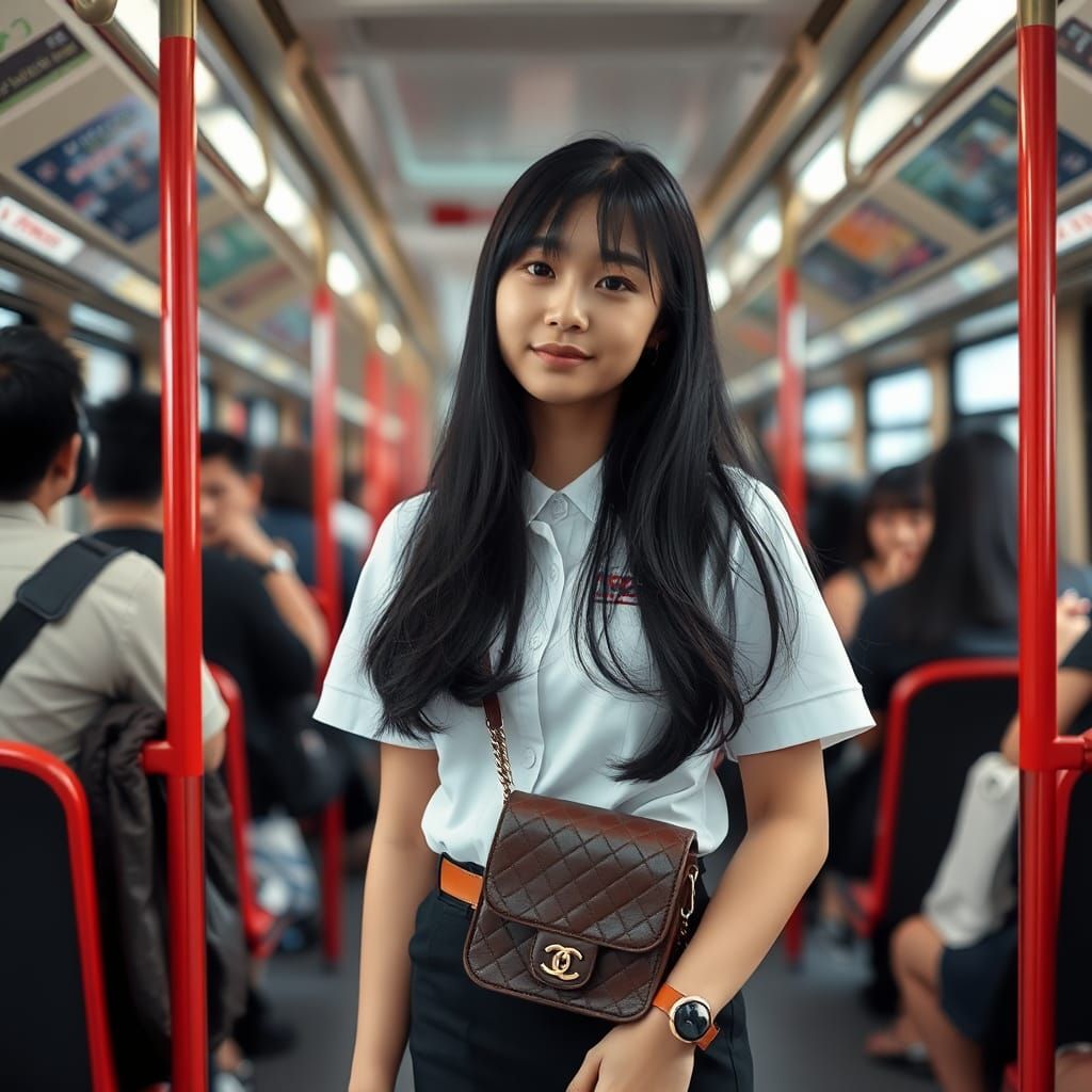 Young Woman in School Uniform on Crowded Bus