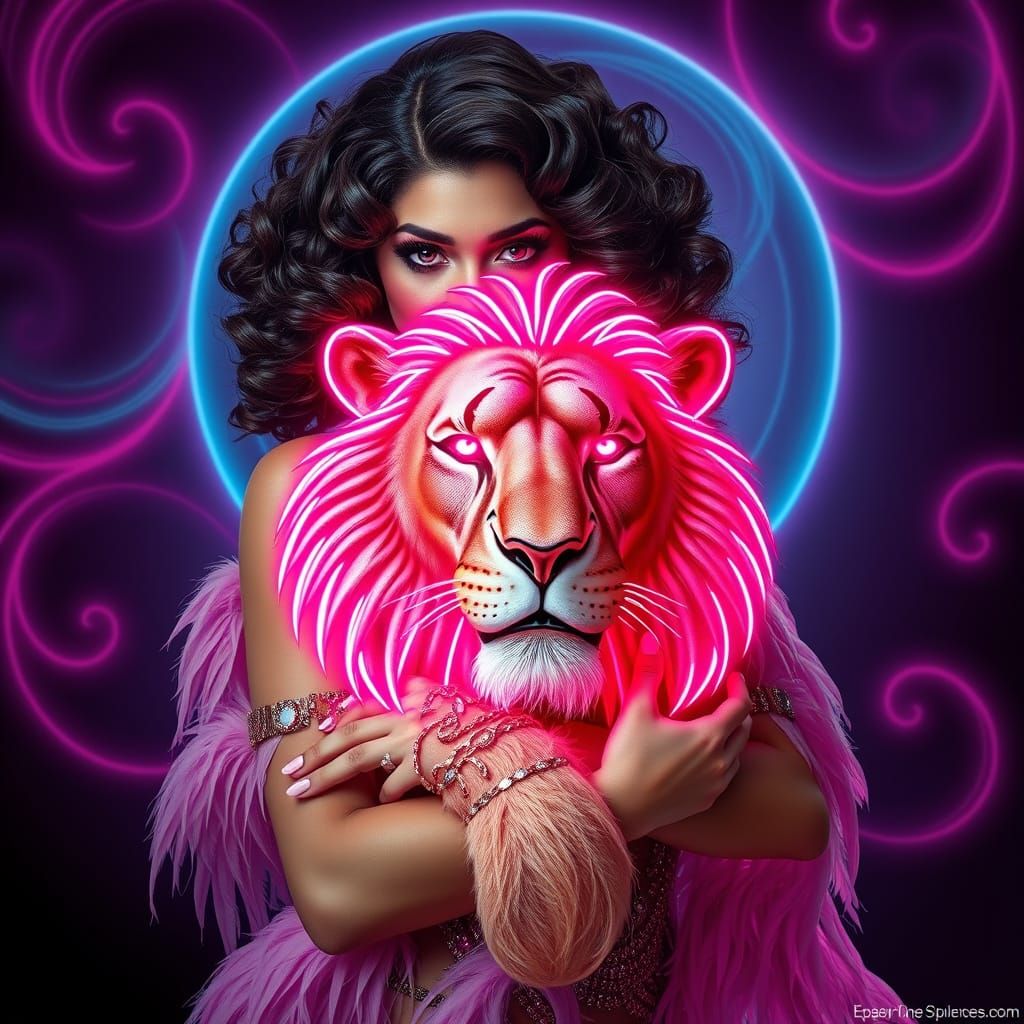Sultry Exotic Beauty Adores Radiant Pink Neon Lion