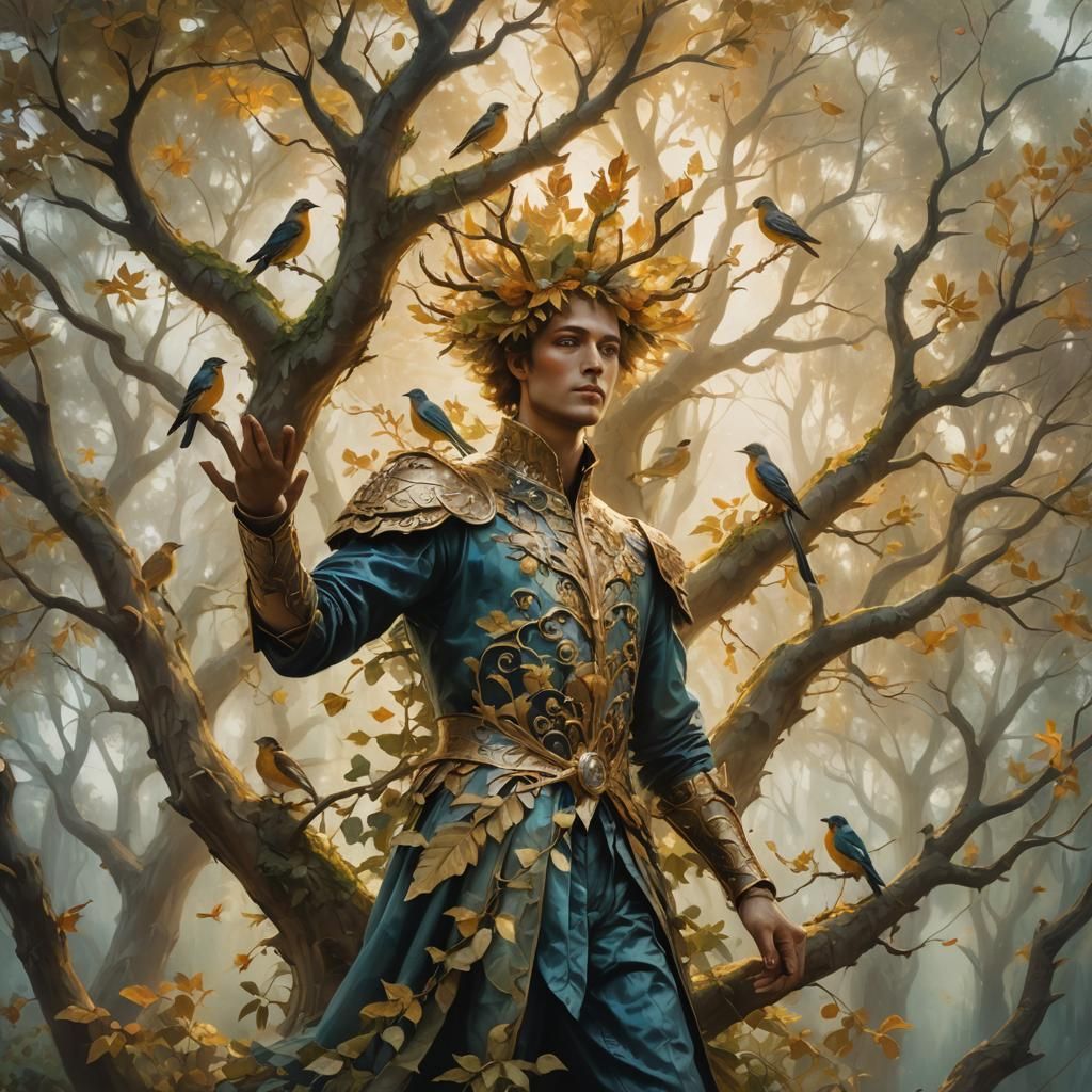 Baroque Surrealist Human-Tree Hybrid in Lush Garden