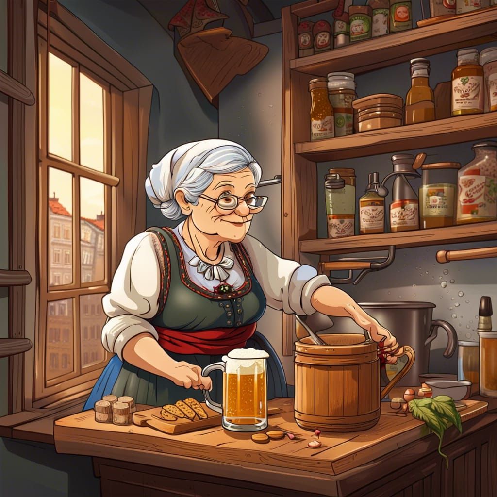 German Granny Cooking Beer in Anime Style