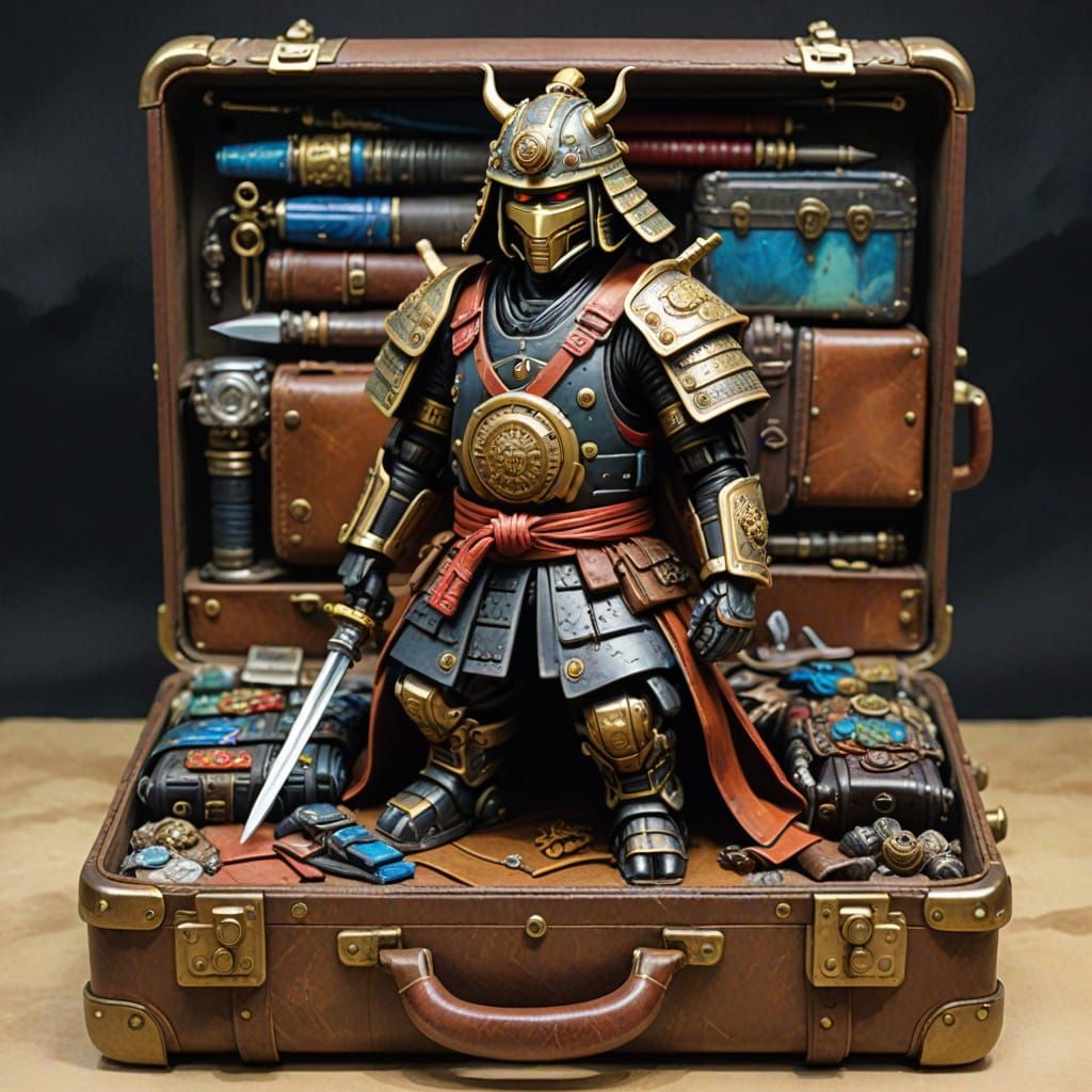 Miniature Robot Samurai Hybrid in Vintage Suitcase Watercolo...