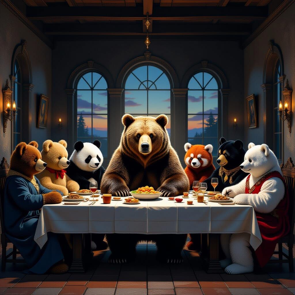 Last Supper Reimagined With Diverse Bears in Chiaroscuro