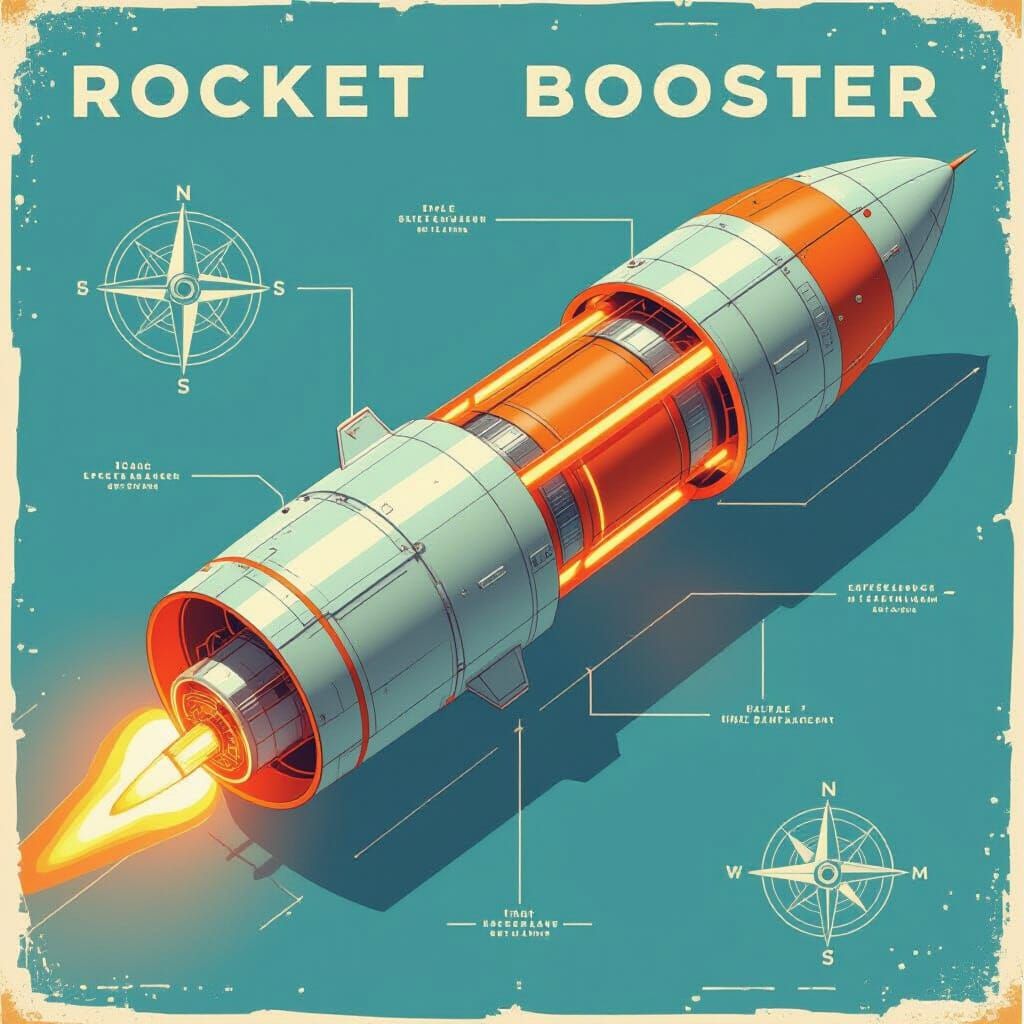 Vintage Rocket Booster Blueprint With Energy Conduits