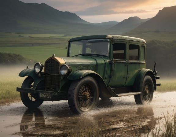 Vintage Car in Sunrise Fields