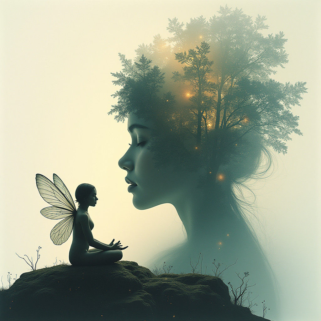 Ethereal Fairy in Lotus Position with Forest Silhouette
