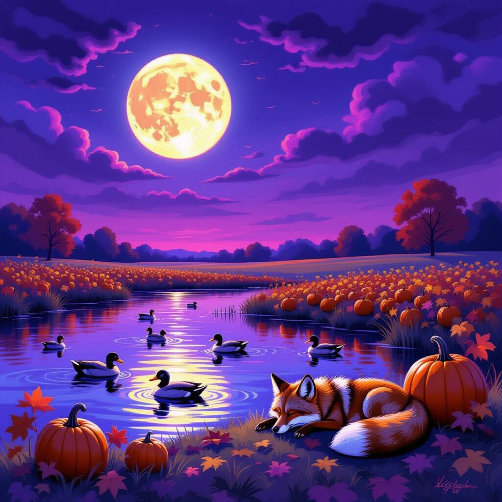 Serene Pond with Moonlit Wolf, Fox, and Ducks in Gouache Sty...