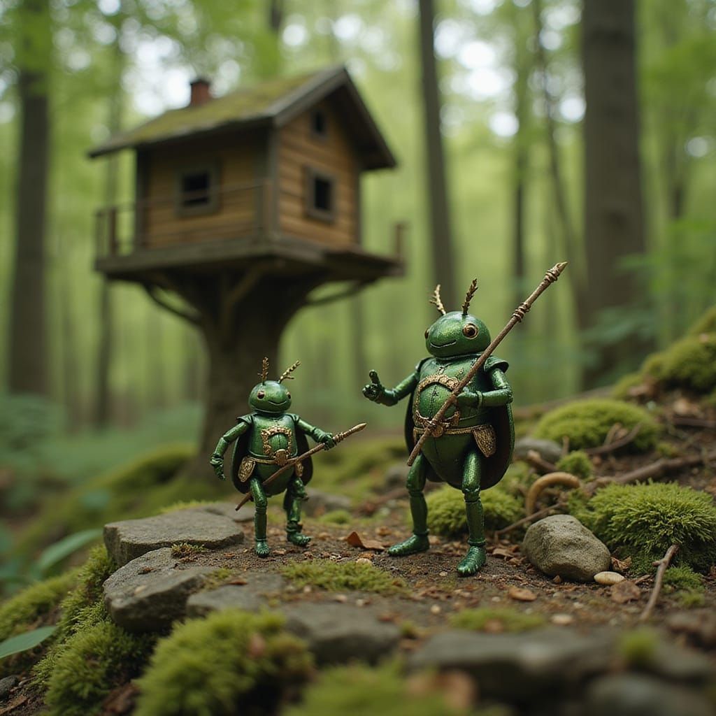 Miniature Armored Beetles in Bonsai Forest, Cinematic Film S...