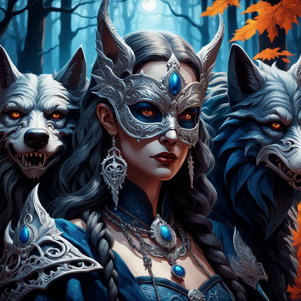 Witch with Silver Mask in Mystical Forest