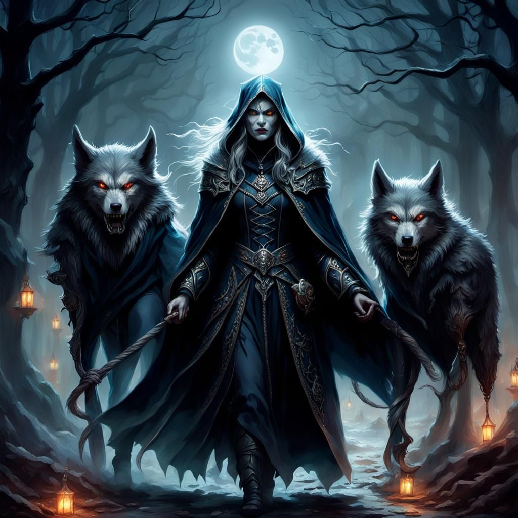 Witch with Werewolves: Fantasy Art in Dark Surrealist Style