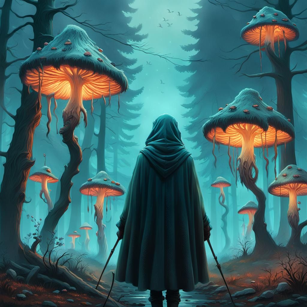 Mystical Witch with Werewolves in Ethereal Forest