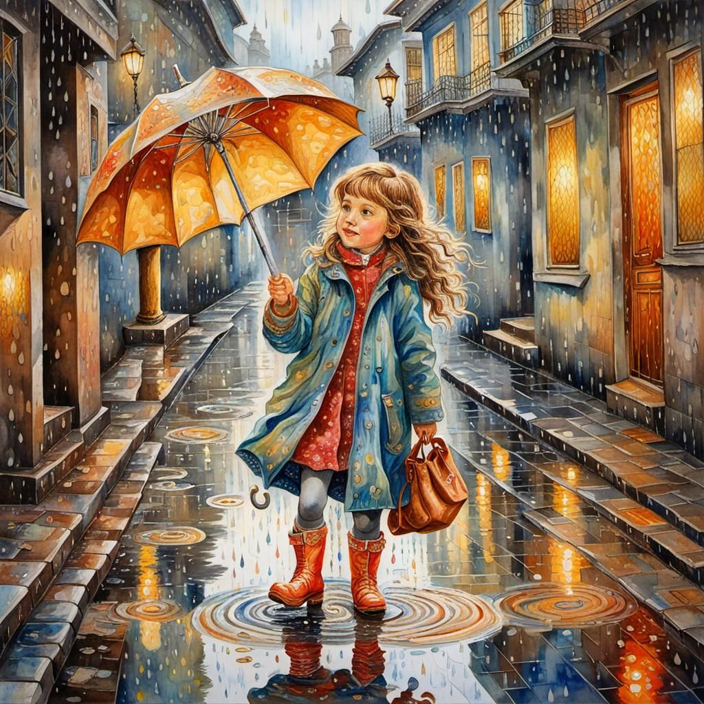Happy Girl in Rain with Umbrella, Watercolor Style