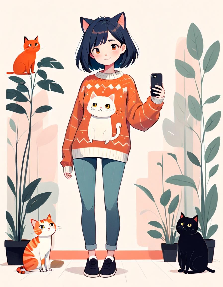 Female Selfie in Keith Negley Style with Cat