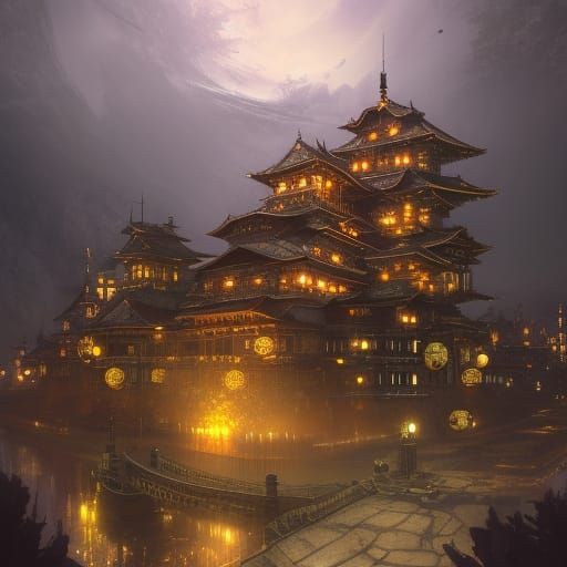 Steampunk Japanese Castle at Night in Dark Fantasy Style