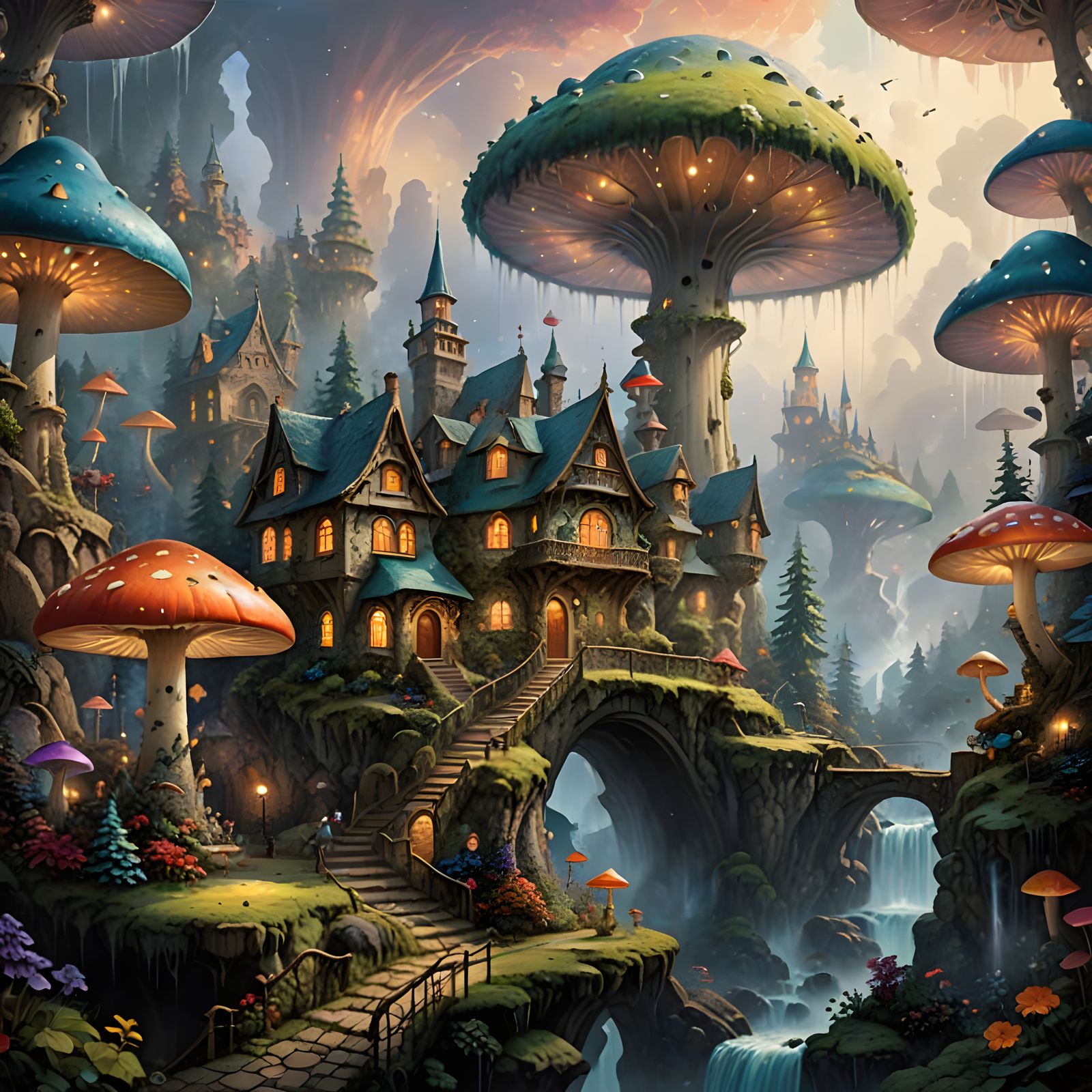 Whimsical Fairy Metropolis in a Glowing Mushroom Realm
