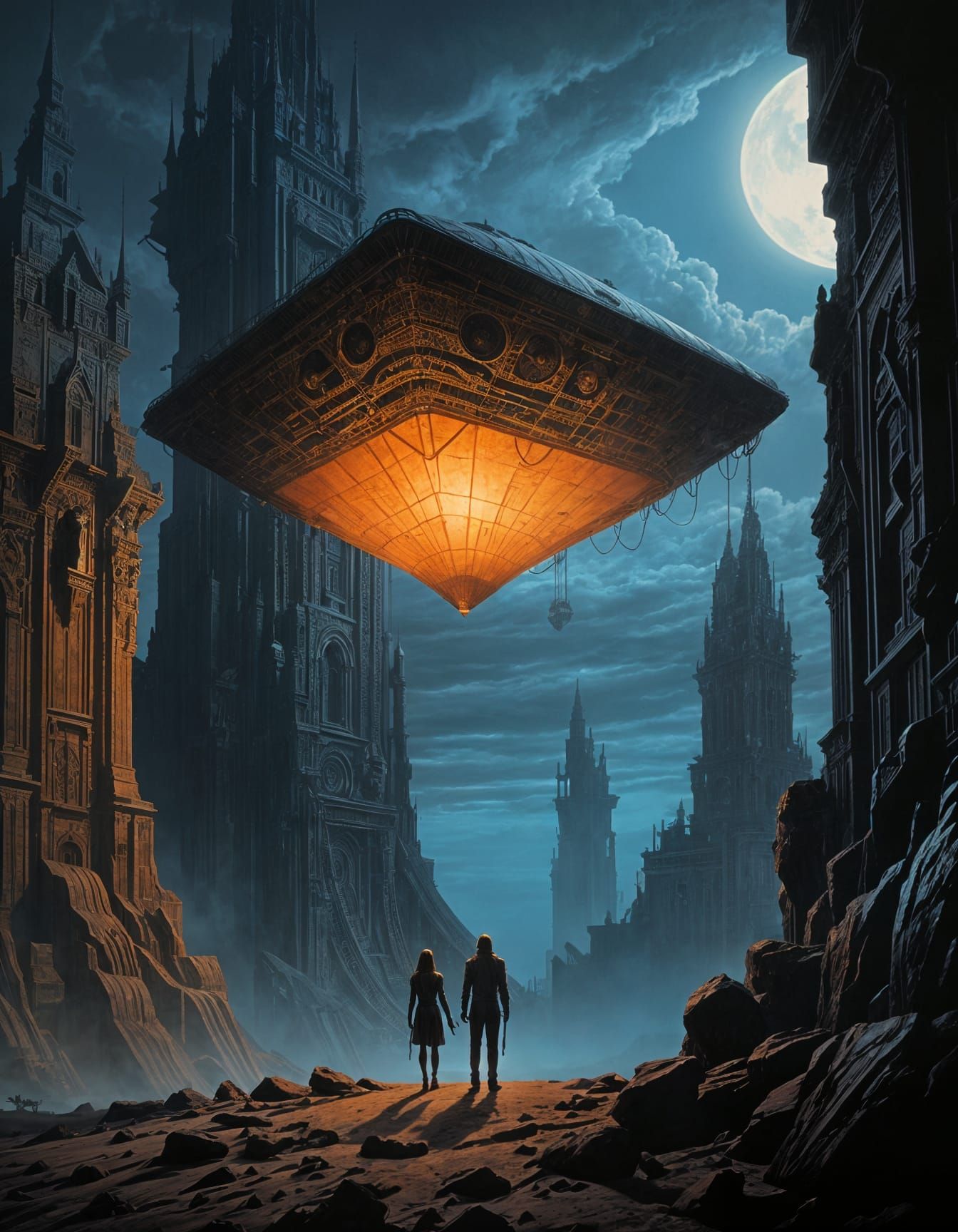 Surreal Sci-Fi Allegory with Pyramidal Airship and Towered L...