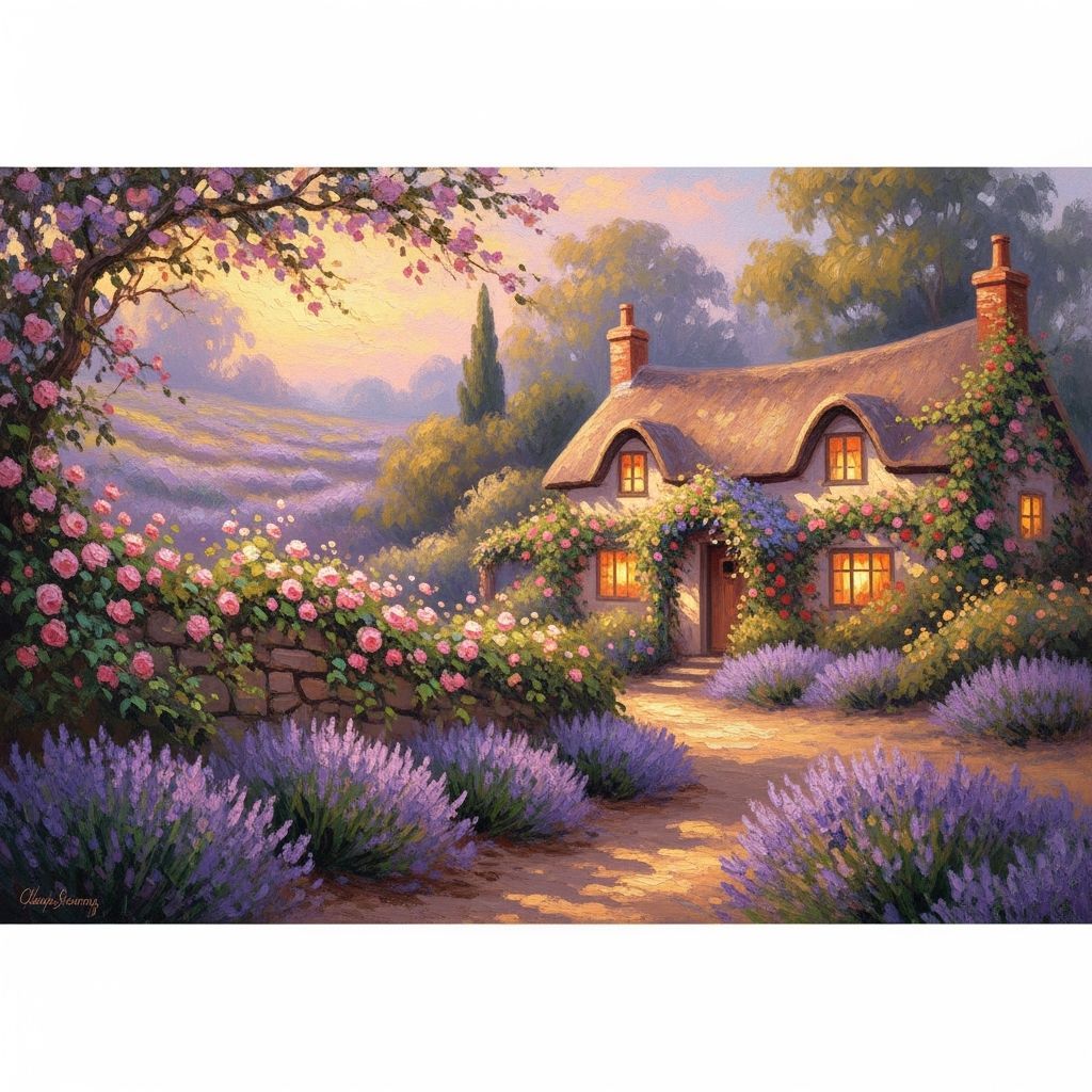 Lavender Cottage in Impressionistic Sunset Landscape