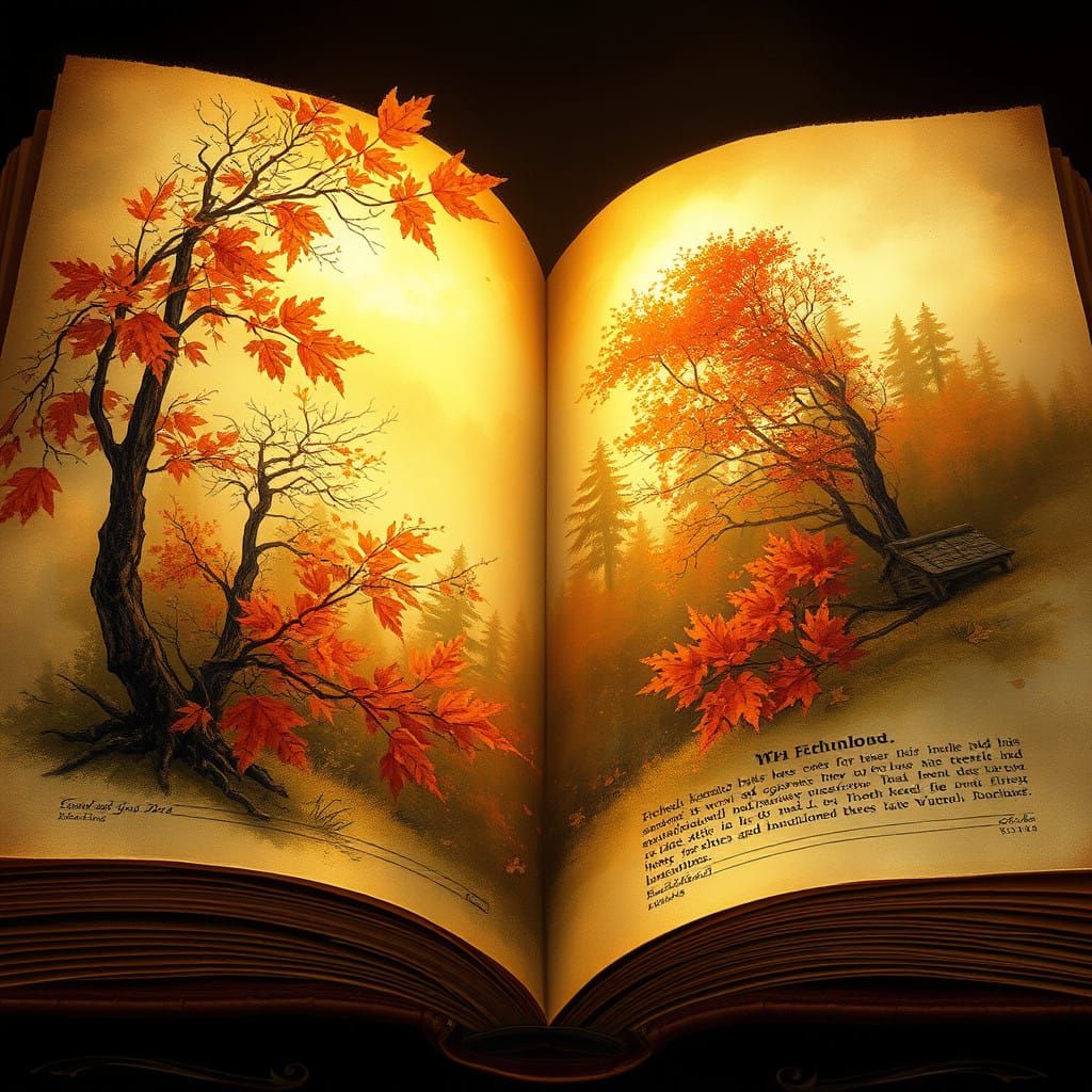 Autumn Landscape within a Vintage Book in Whimsical Style