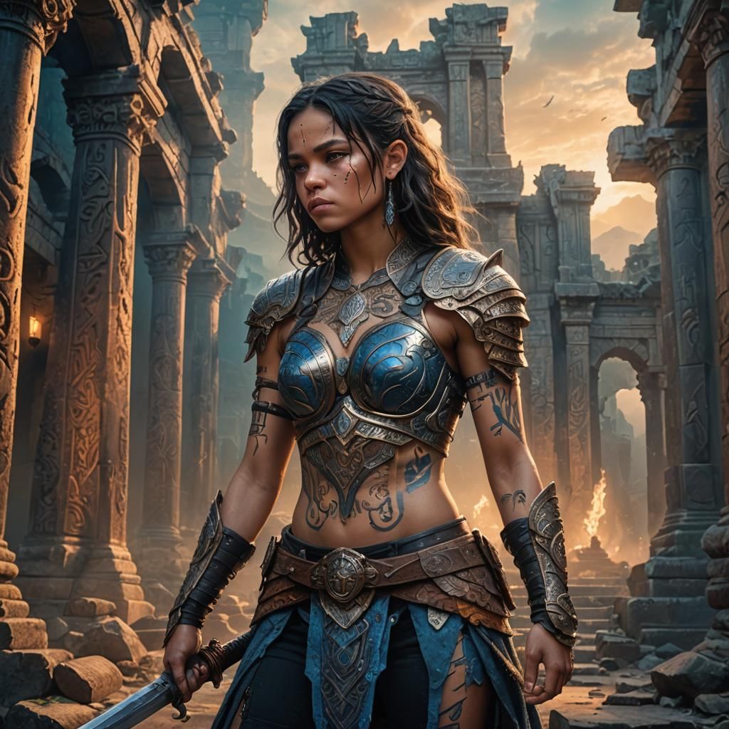 Epic Fantasy Warrior Heroine in Ancient Ruins