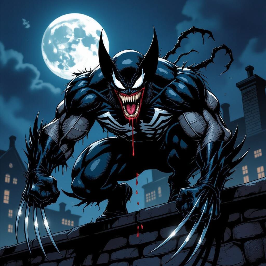 Wolverine Venom Hybrid Creature on Gothic Rooftop