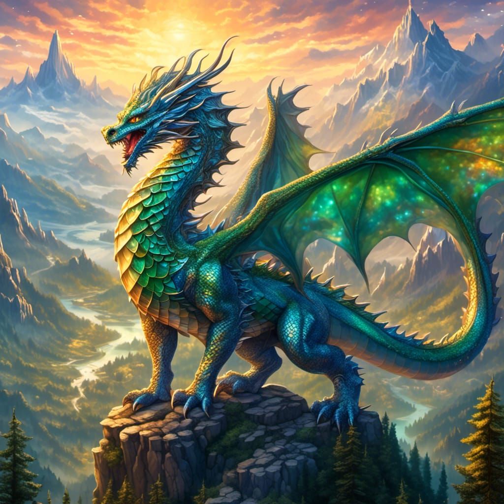 Majestic Dragon on Mountain Peak in Digital Painting